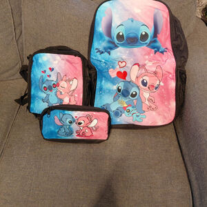 Girls Book Bags One Size Blue Pink Stitch Backpack Set Lunch Bag